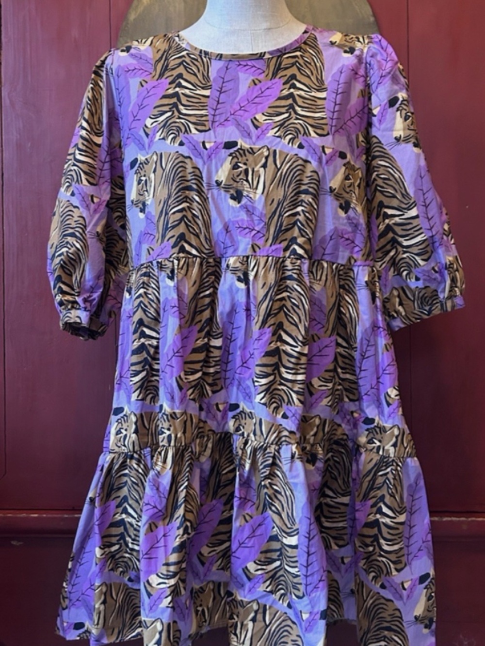 FARM Rio Tiger Leaves Lavender Puff Sleeve Mini Dress, Size Medium - Picture 4 of 9